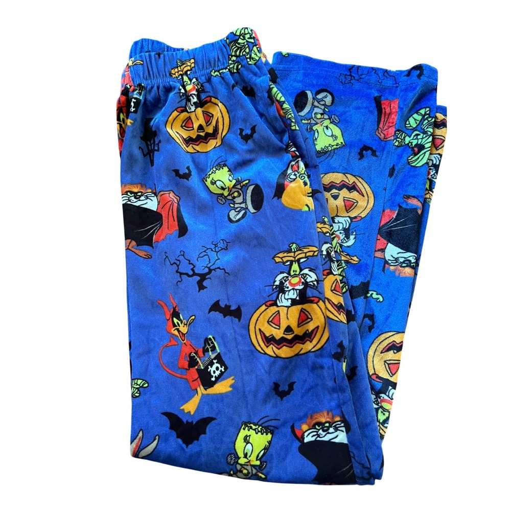 Looney Tunes Halloween Pajama Pants Mens Medium Blue Fleece Happy Boxer Tweety